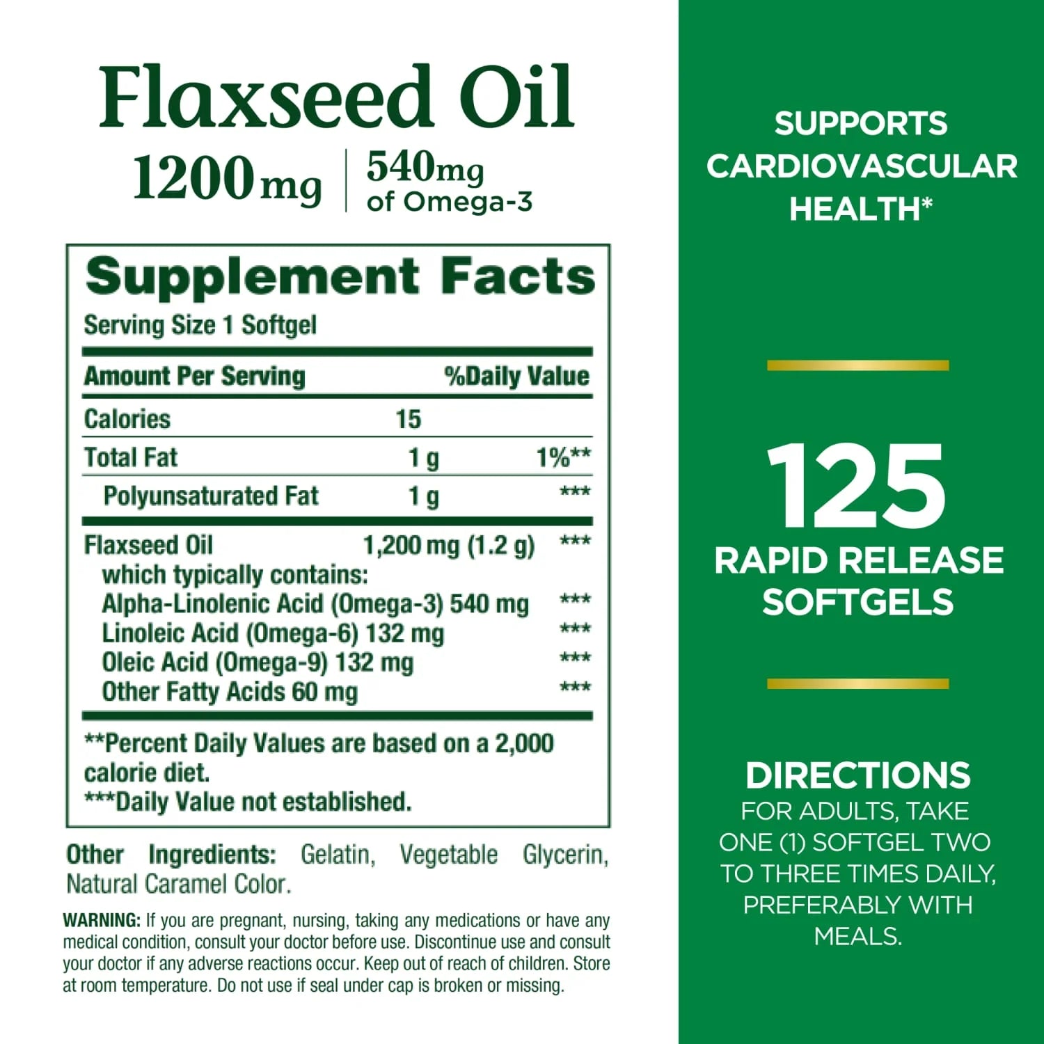 Nature's Bounty Flaxseed Oil 1200mg 125 Rapid Release Softgels
