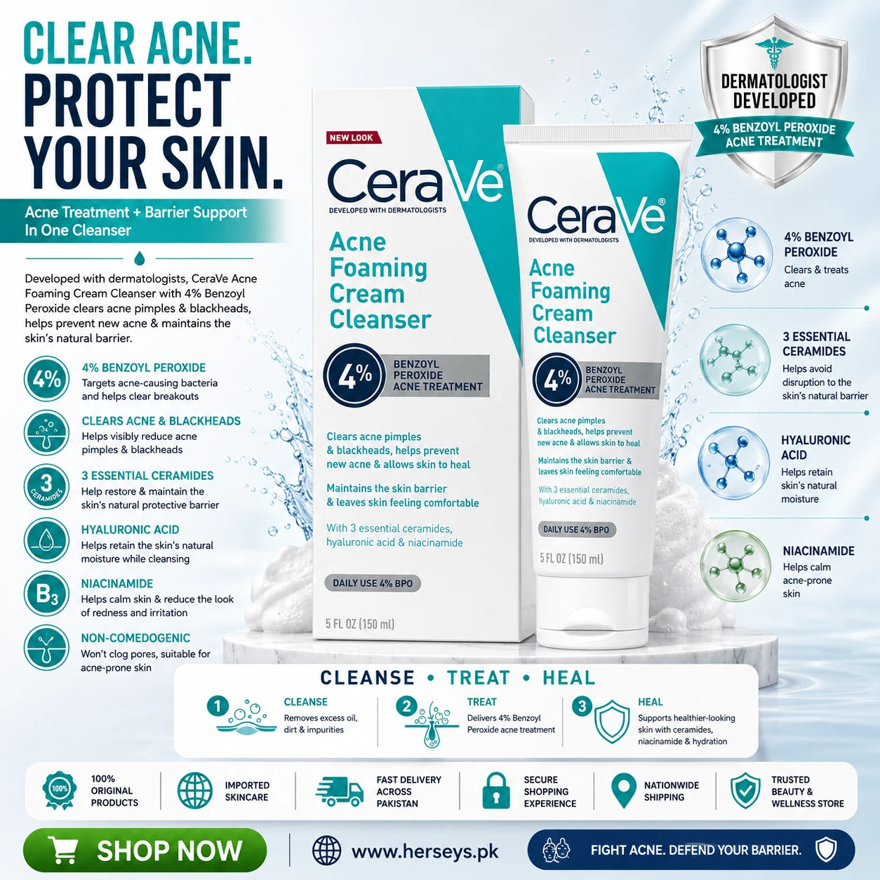 CeraVe Acne Foaming Cream Cleanser 4% Benzoyl Peroxide Acne Treatment 150ml