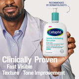 Person holding a bottle of Cetaphil Gentle Exfoliating SA Lotion with promotional text.