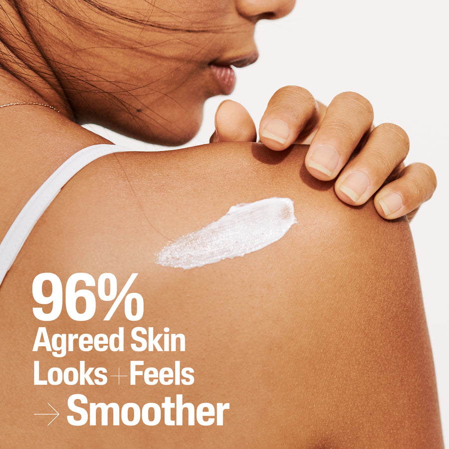 Person applying cream to shoulder with text about skin smoother