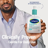 Person holding a bottle of Cetaphil cleanser with text about dermatologist recommendation and clinical proven benefits.