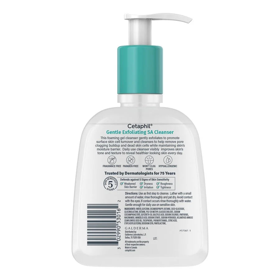 Cetaphil Gentle Exfoliating SA Cleanser bottle with pump on a white background
