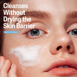 Close-up of a person applying a skincare product with text about skin care benefits.