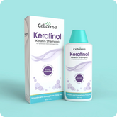 Cellcense Keratinol Keratin Shampoo packaging on a light blue background