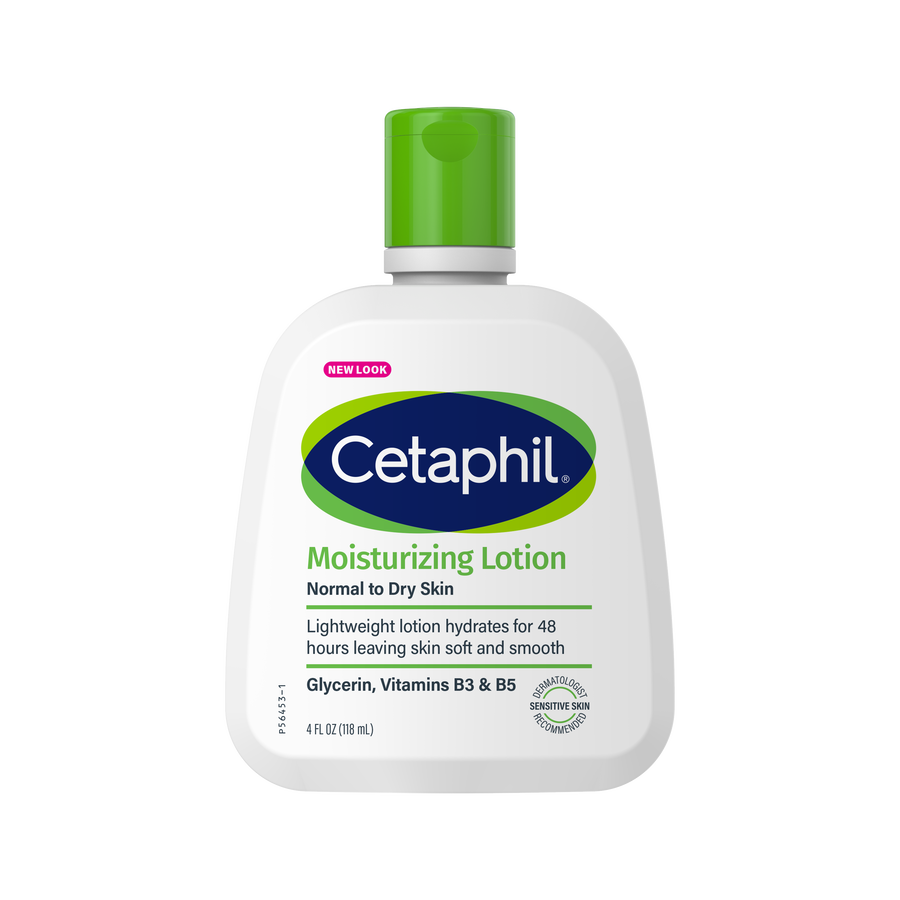 Cetaphil moisturizing lotion bottle with green cap on a white background