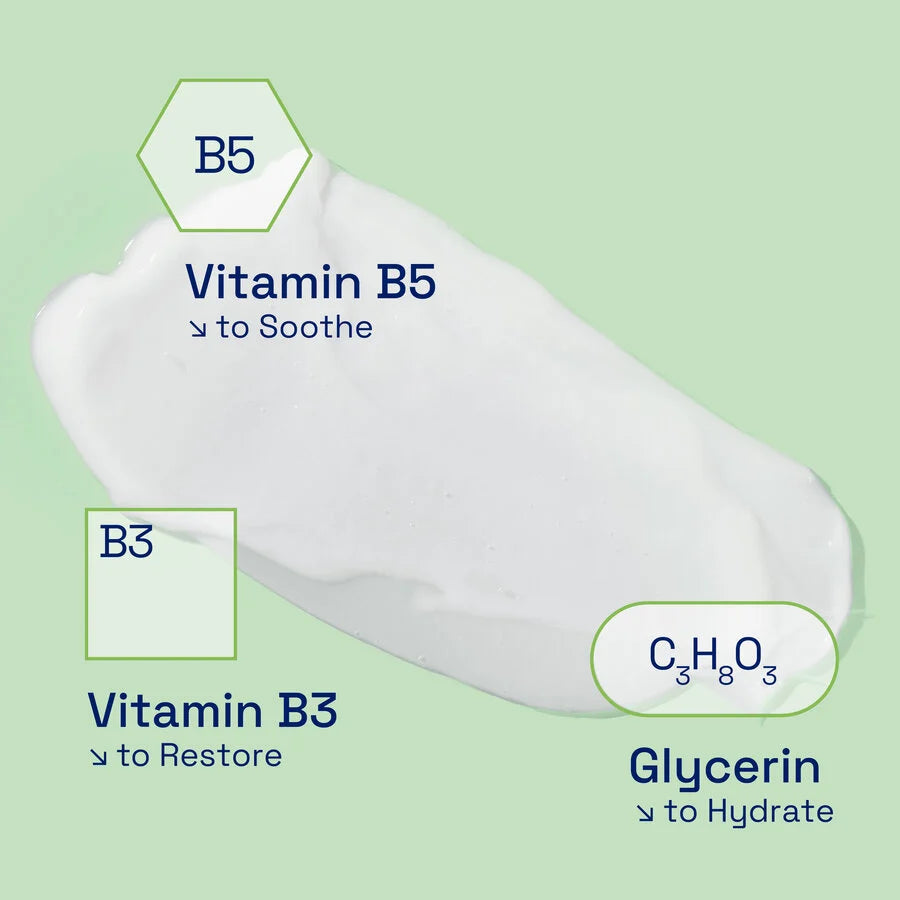 Product with labels for Vitamin B5, Vitamin B3, and Glycerin on a green background