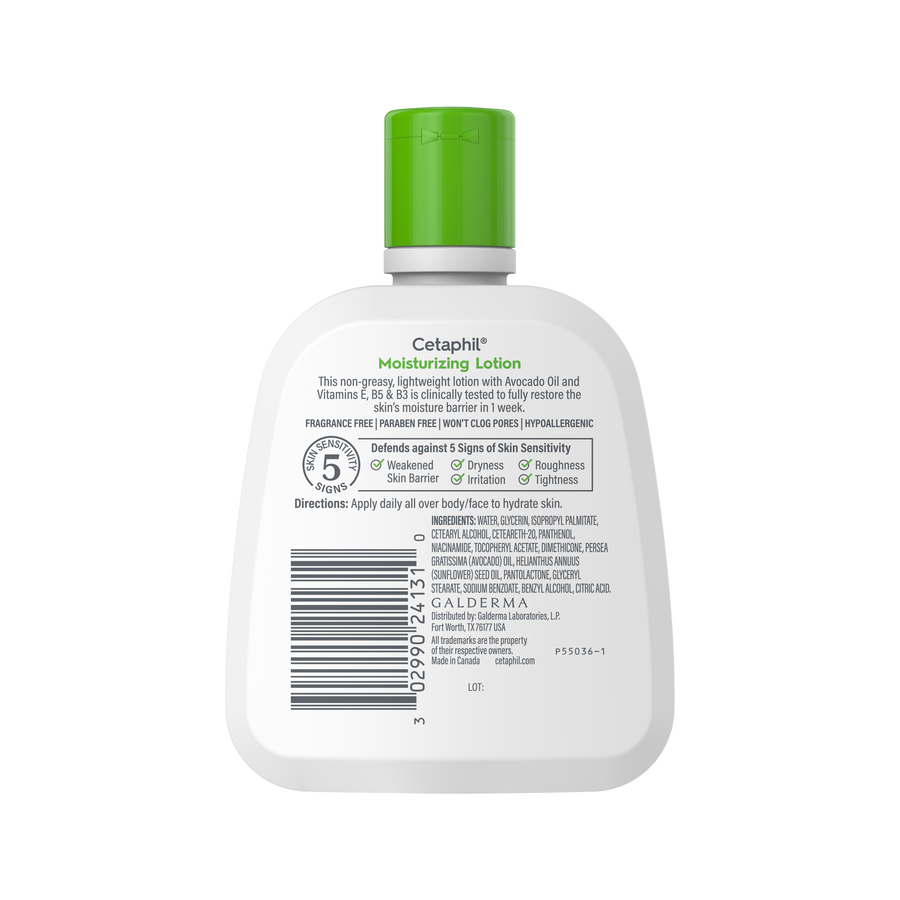 Cetaphil moisturizing lotion bottle with green cap on a white background
