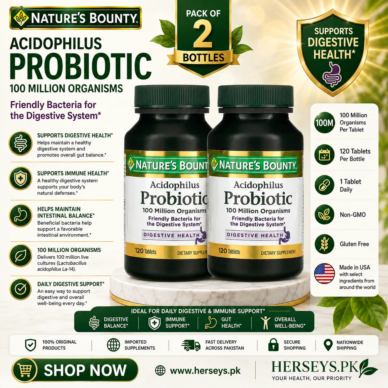 Nature's Bounty Acidophilus Probiotic 100 Million Organisms 120 Tablets Pack of 2