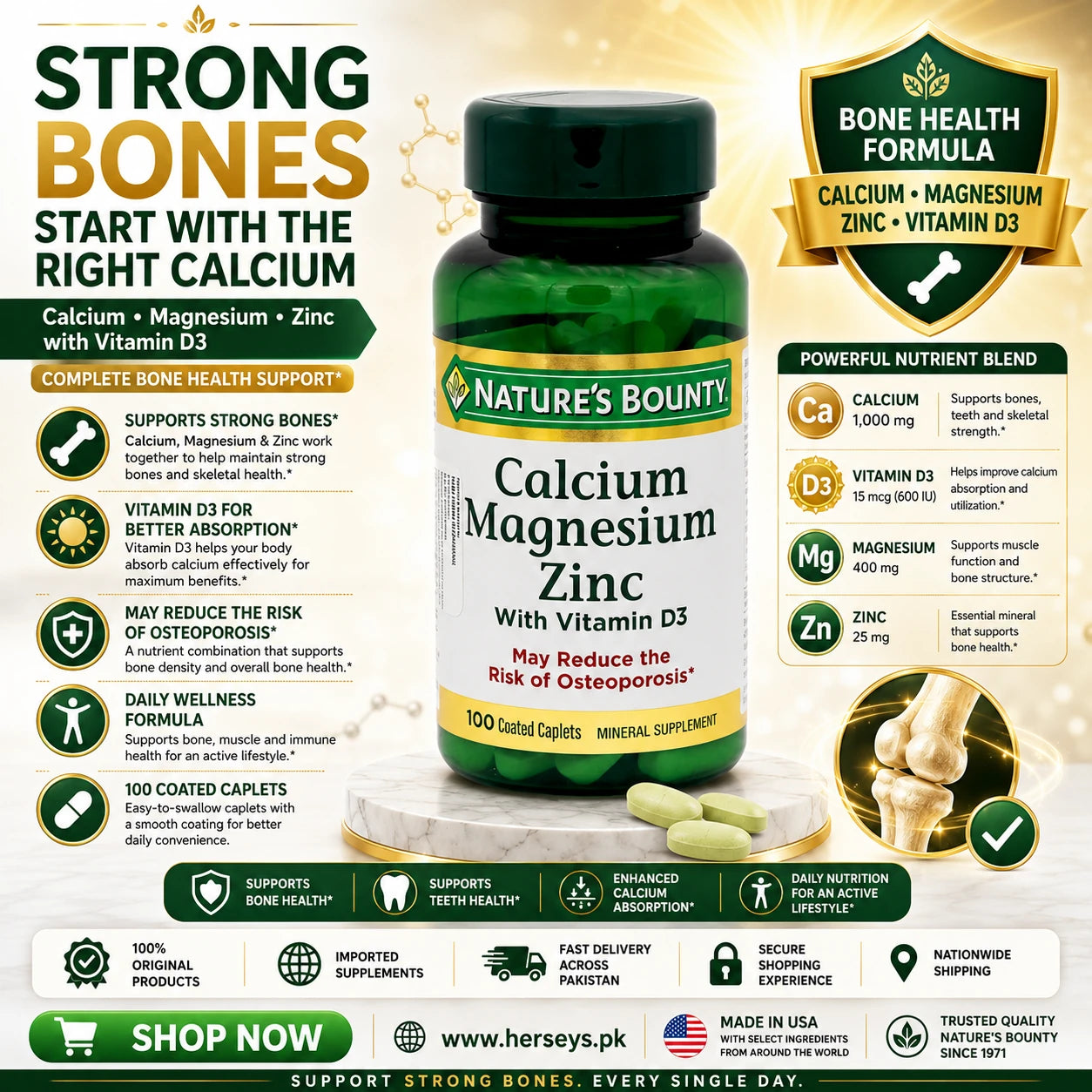Nature's Bounty Calcium Magnesium Zinc 100 Coated Caplets