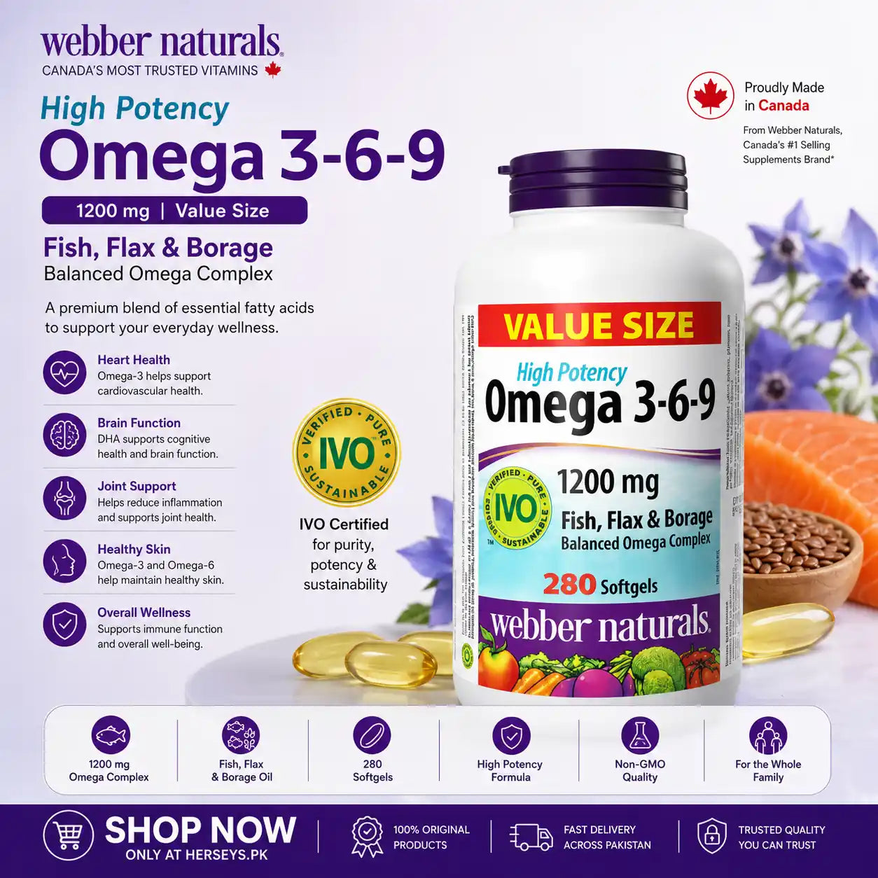 Webber Naturals High Potency Omega 3 6 9 1200 mg Value Size 280 Softgels