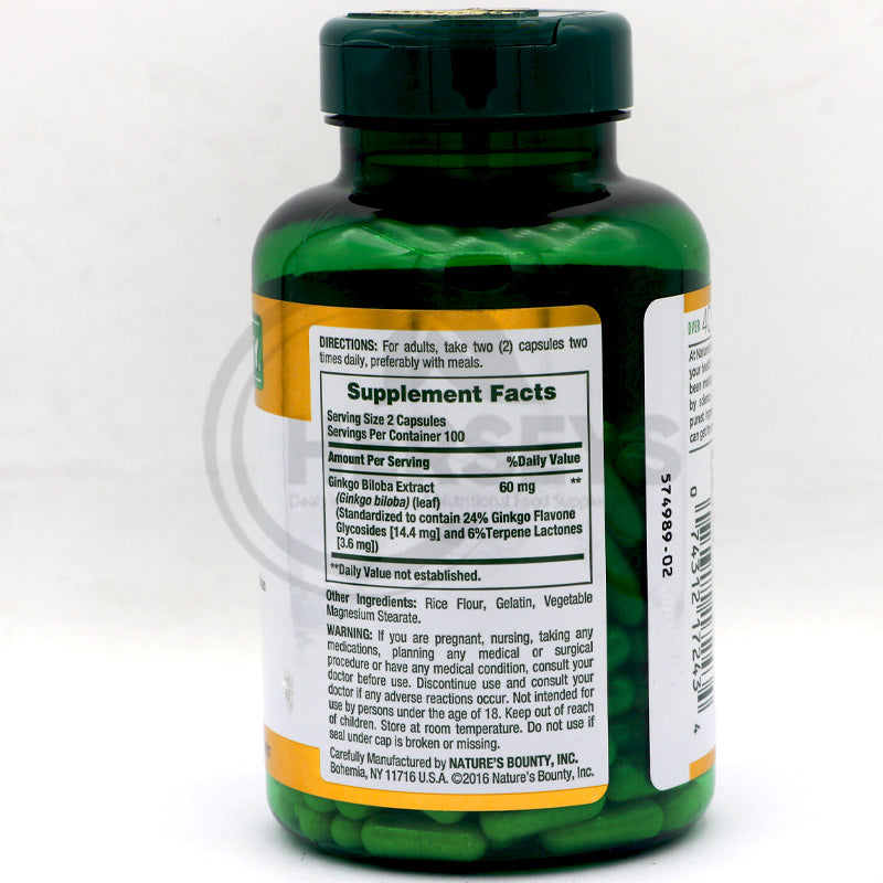 Nature's Bounty Ginkgo Biloba 60mg per serving 200 Capsules