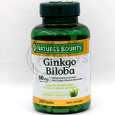 Nature's Bounty Ginkgo Biloba 60mg per serving 200 Capsules
