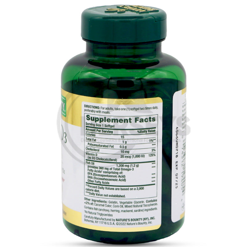 Nature's Bounty Fish Oil D3 Supplement Facts label showing EPA, DHA, Omega-3, and Vitamin D amounts.