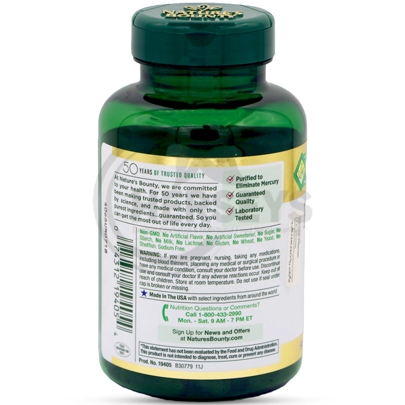 Nature's Bounty Fish Oil back label: 50 years quality, purified to eliminate mercury, and non-GMO claims.