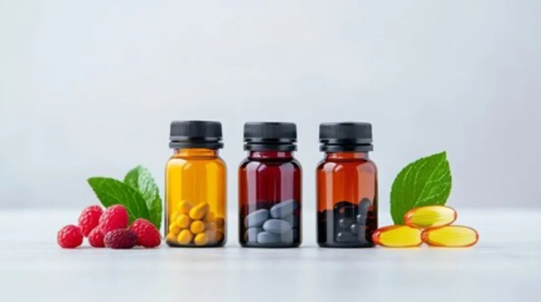 Vitamin supplements with capsules and berries for immune and skin health.