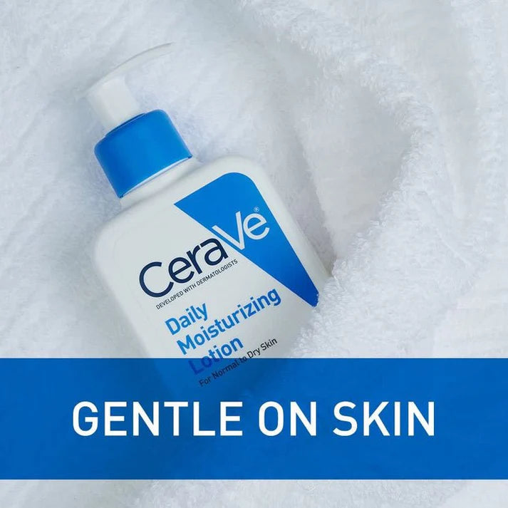 CeraVe daily moisturizing lotion bottle on a white towel with 'Gentle on Skin' text.