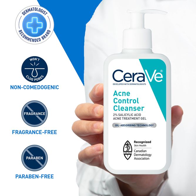 CeraVe Acne Control Cleanser held in a hand with product features listed on a blue and white background