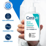 CeraVe Acne Control Cleanser held in a hand with product features listed on a blue and white background