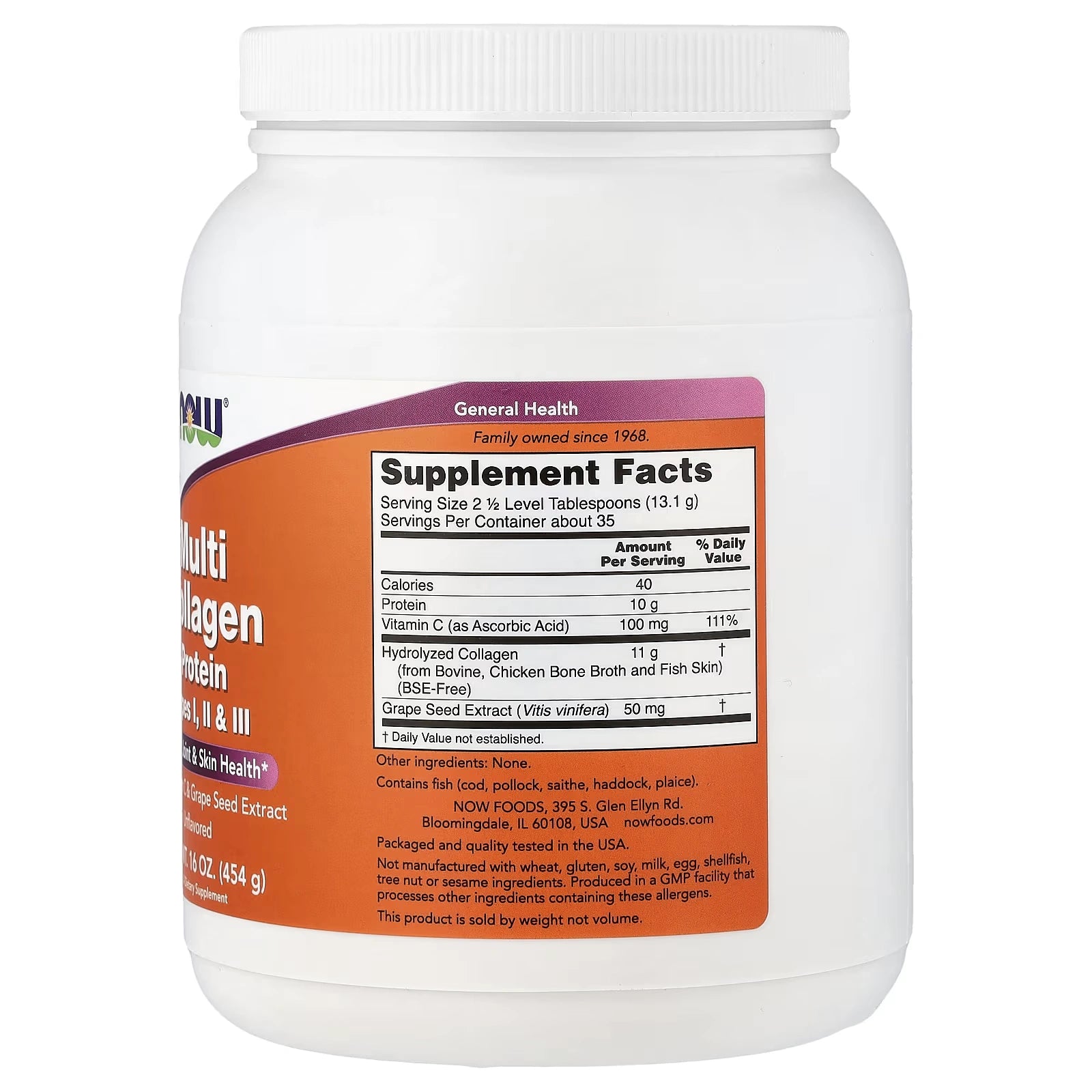 NOW Foods Multi Collagen Protein Types I II  III Powder Unflavored 16 oz 454 g