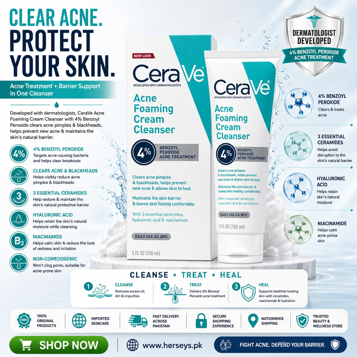 CeraVe Acne Foaming Cream Cleanser 4% Benzoyl Peroxide Acne Treatment 150ml