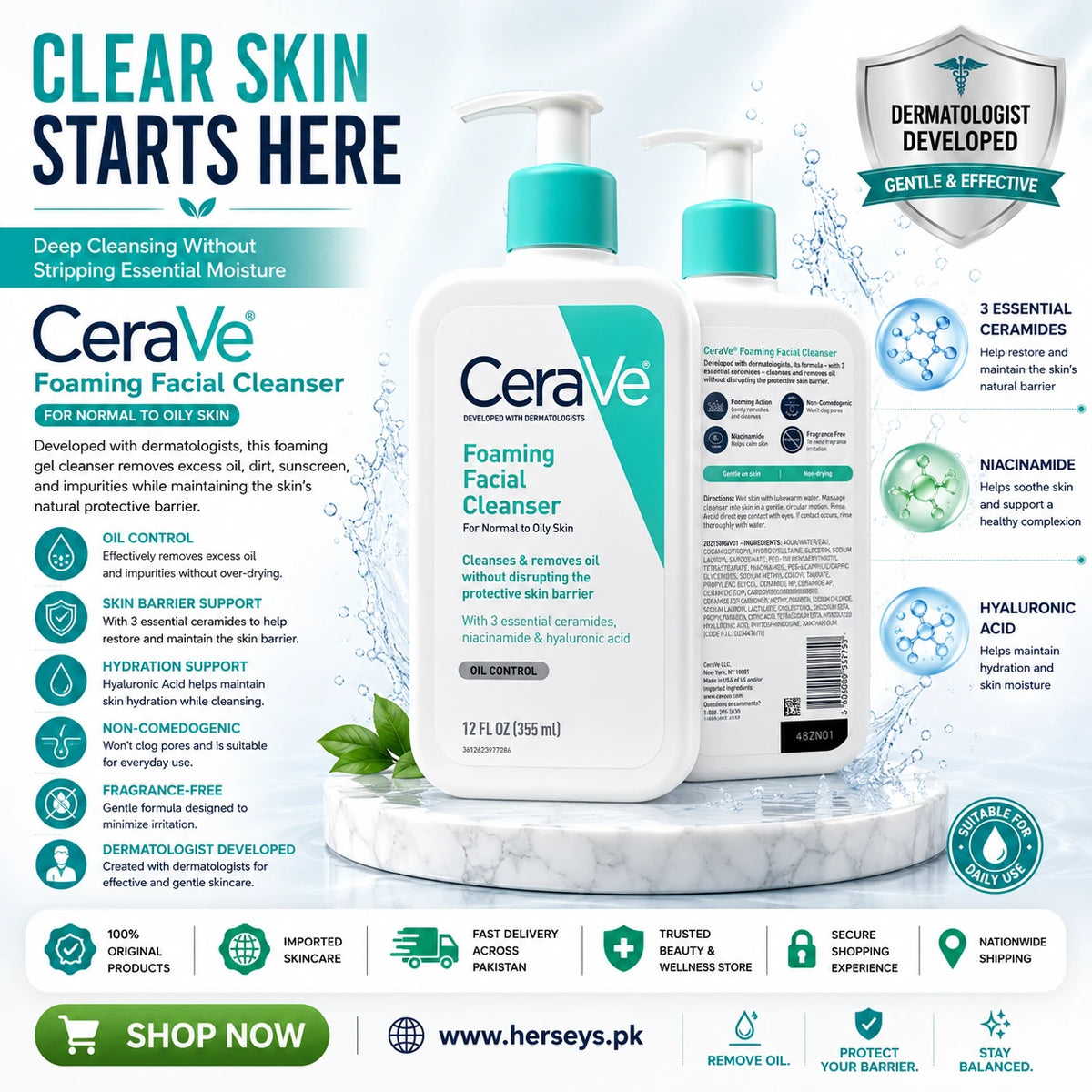 CeraVe Foaming Facial Cleanser for Normal to Oily Skin 355ml