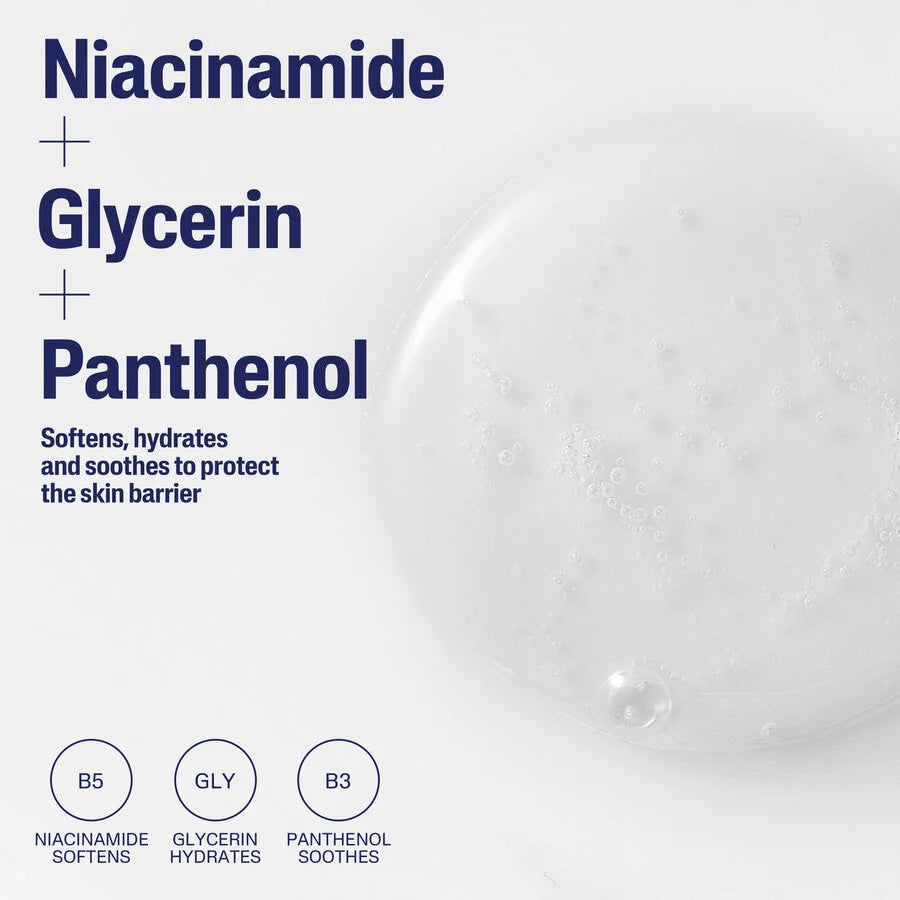 Product label with niacinamide, glycerin, and panthenol text on a white background with bubbles.