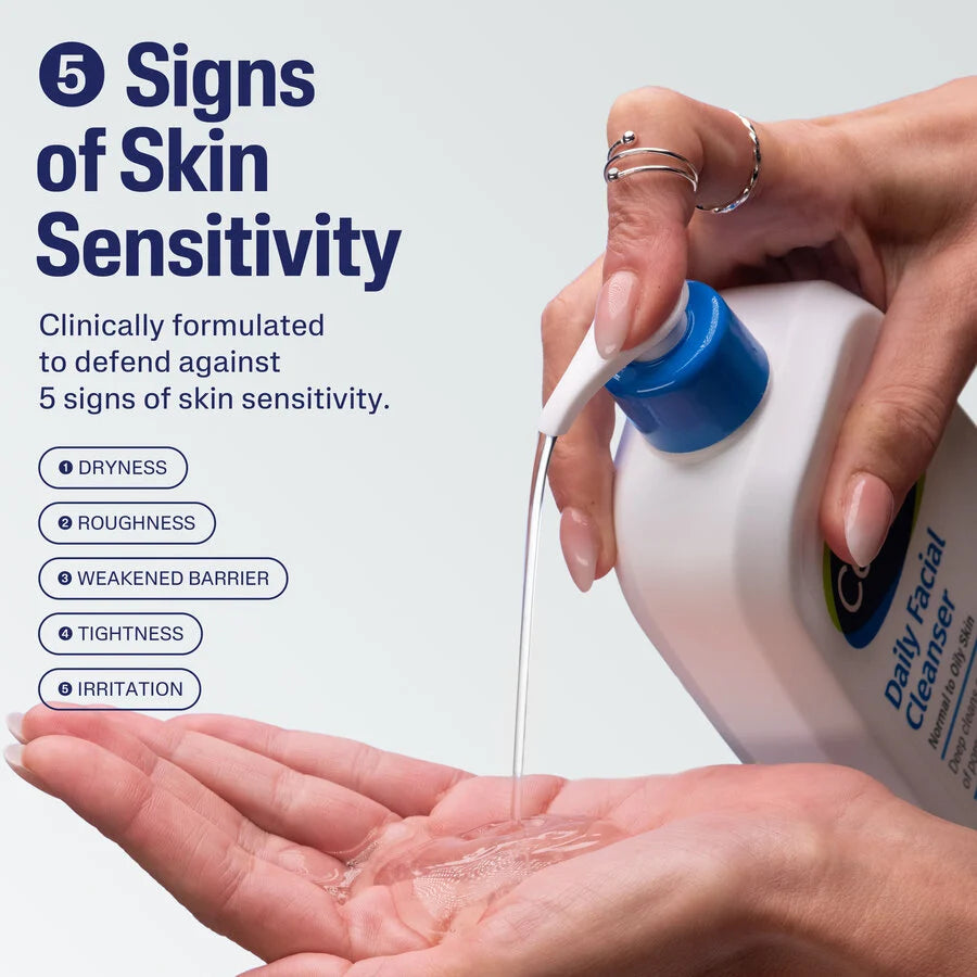 Hand holding a bottle of Daily Facial Cleanser with text about skin sensitivity and product features.