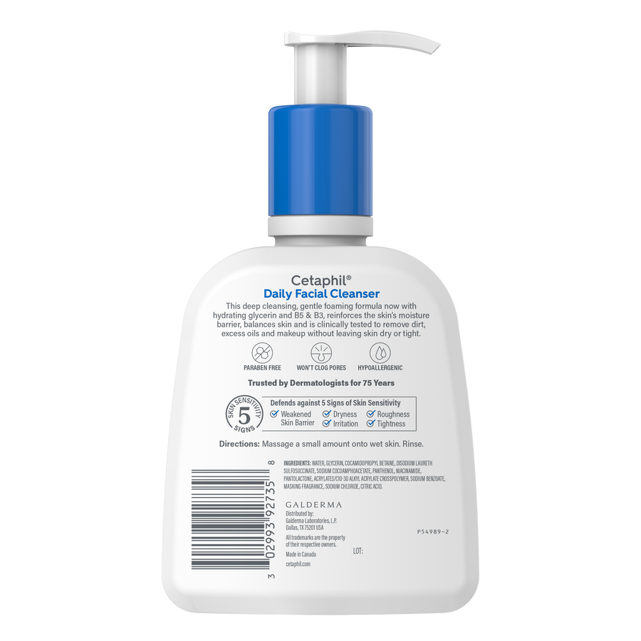 Cetaphil Daily Facial Cleanser bottle with pump on a white background