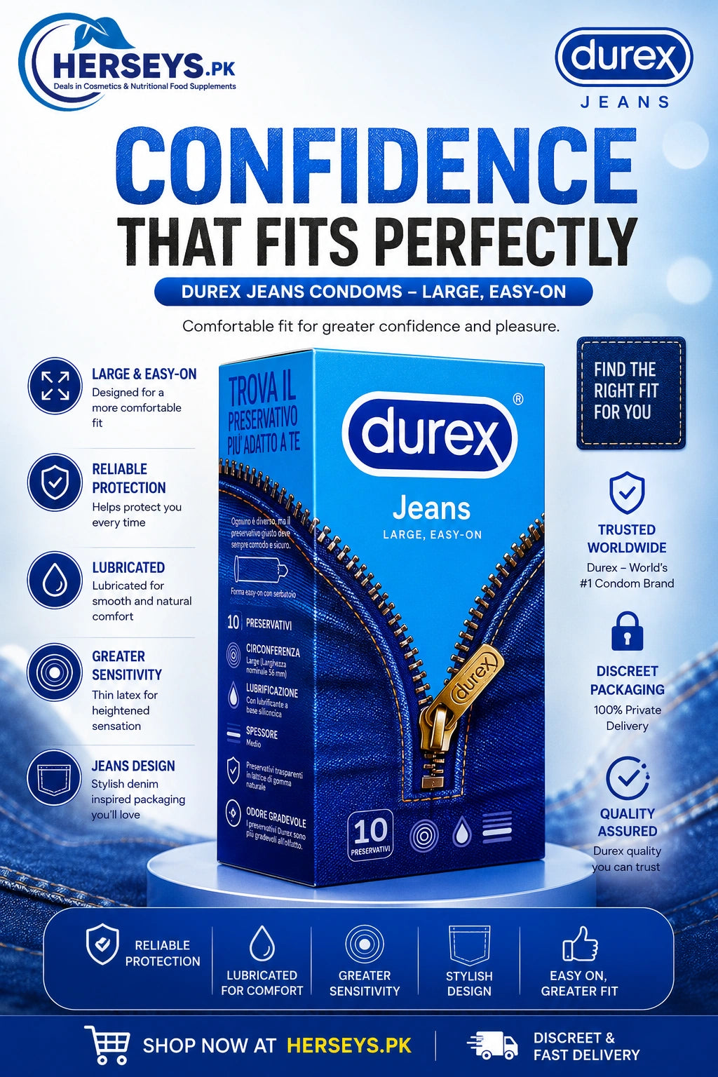 Durex Jeans Large Easy On Condoms 10 Pack