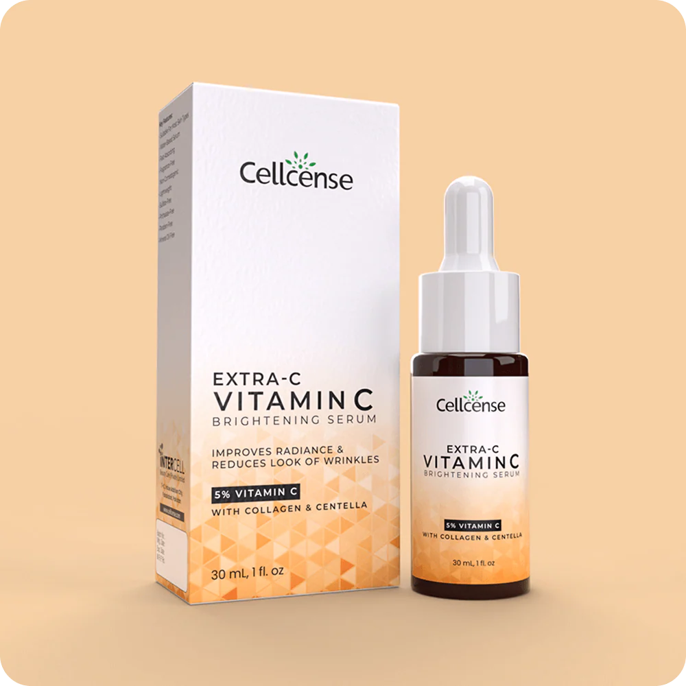 Cellcense Extra-C Vitamin C Brightening Serum with packaging on a beige background