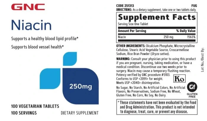 GNC Niacin 250 mg 100 Vegetarian Tablets