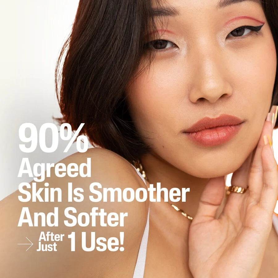 Woman with smooth skin and text claiming 90% agree that skin is smoother after just 1 use