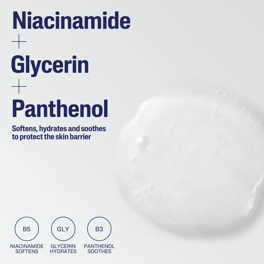 Skincare product with niacinamide, glycerin, and panthenol text on a white background