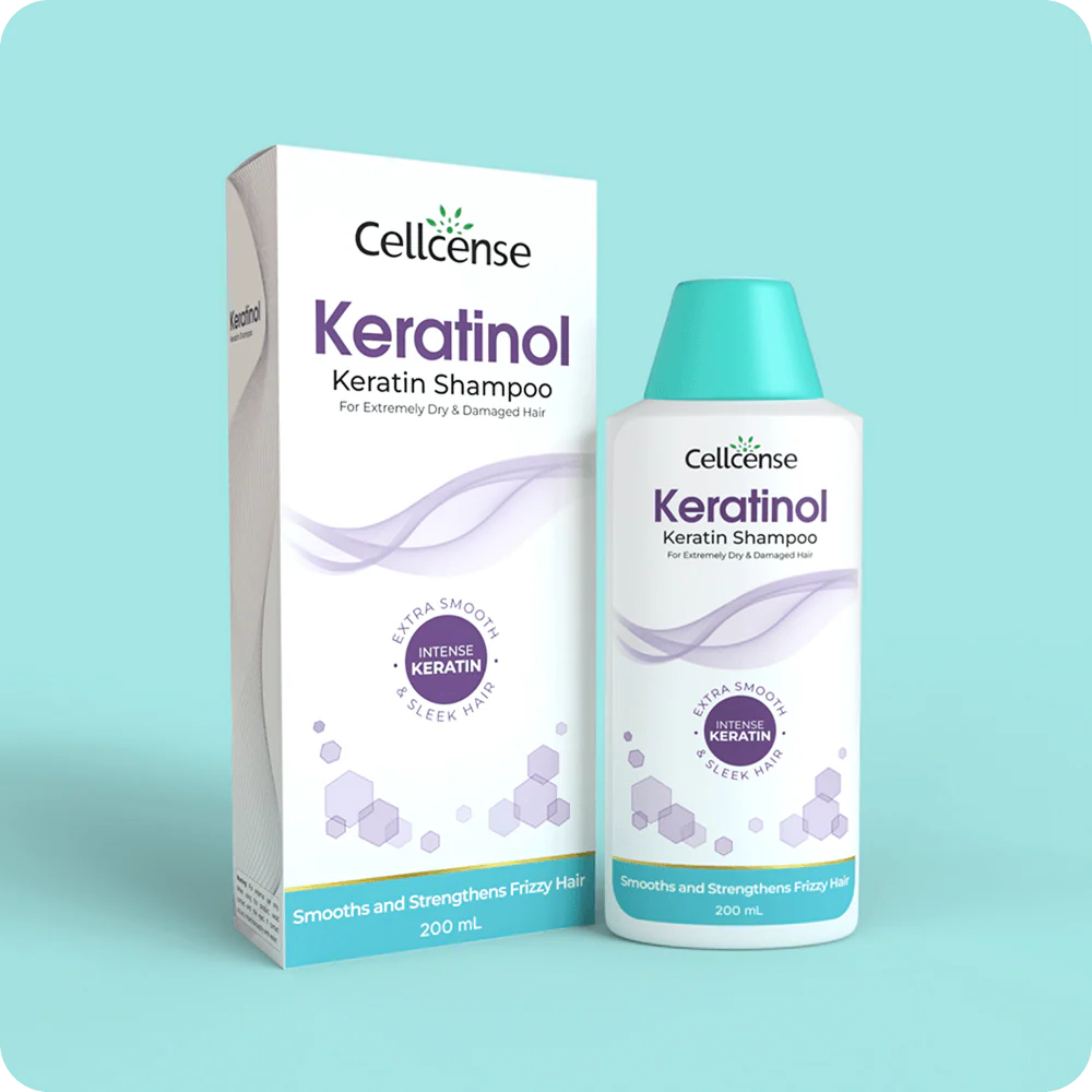 Cellcense Keratinol Keratin Shampoo packaging on a light blue background