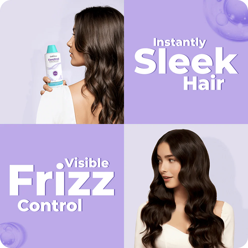 Advertisement for a hair product showing a before and after effect on hair frizz.
