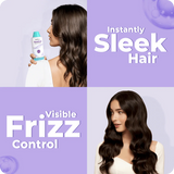 Advertisement for a hair product showing a before and after effect on hair frizz.
