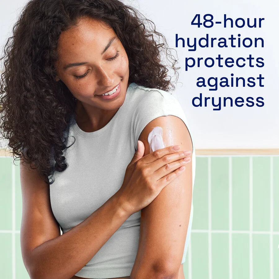 Woman applying a patch on her arm with text about 48-hour hydration.