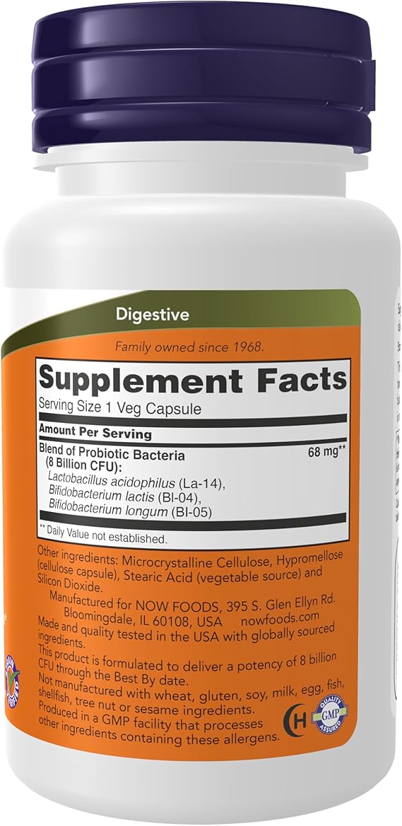 NOW Foods 8 Billion Acidophilus Bifidus Probiotic 60 Veg Capsules