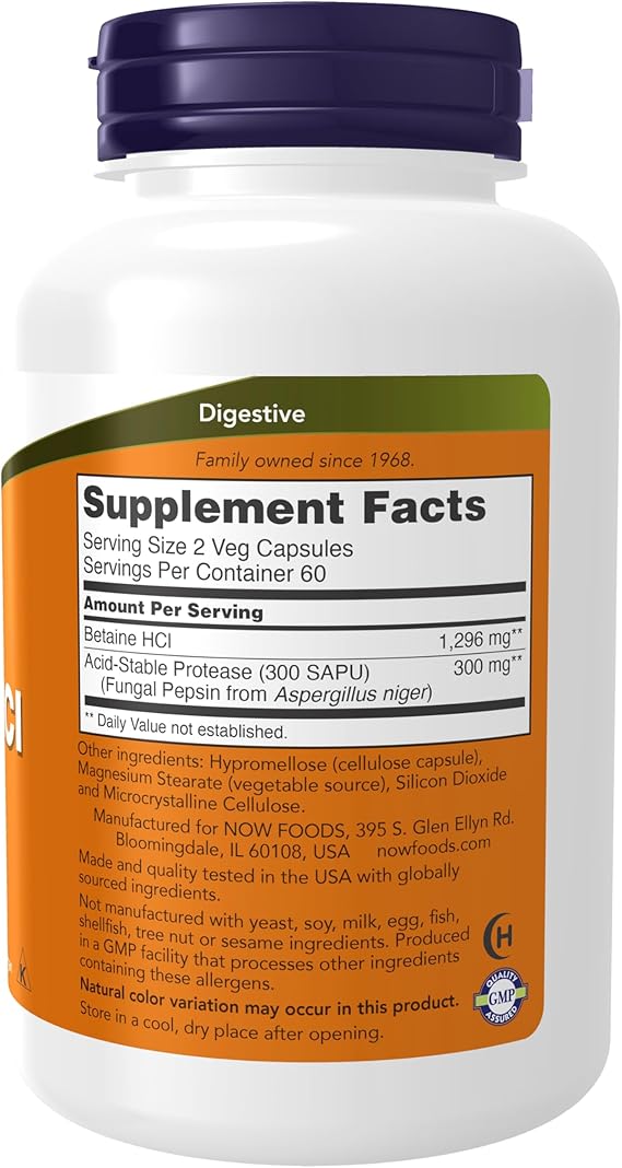 NOW Foods Betaine HCI 648 mg Digestive Support 120 Veg Capsules