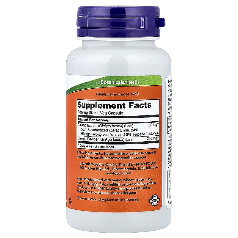 NOW Foods Ginkgo Biloba 60 mg 60 Veg Capsules