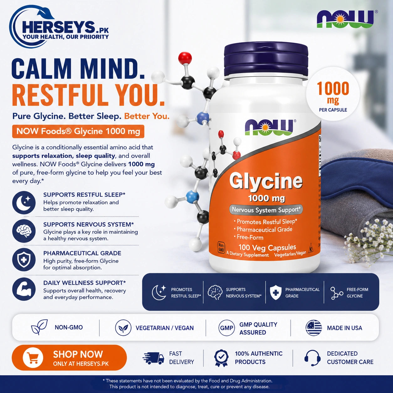 NOW Foods Glycine 1000 mg 100 Veg Capsules