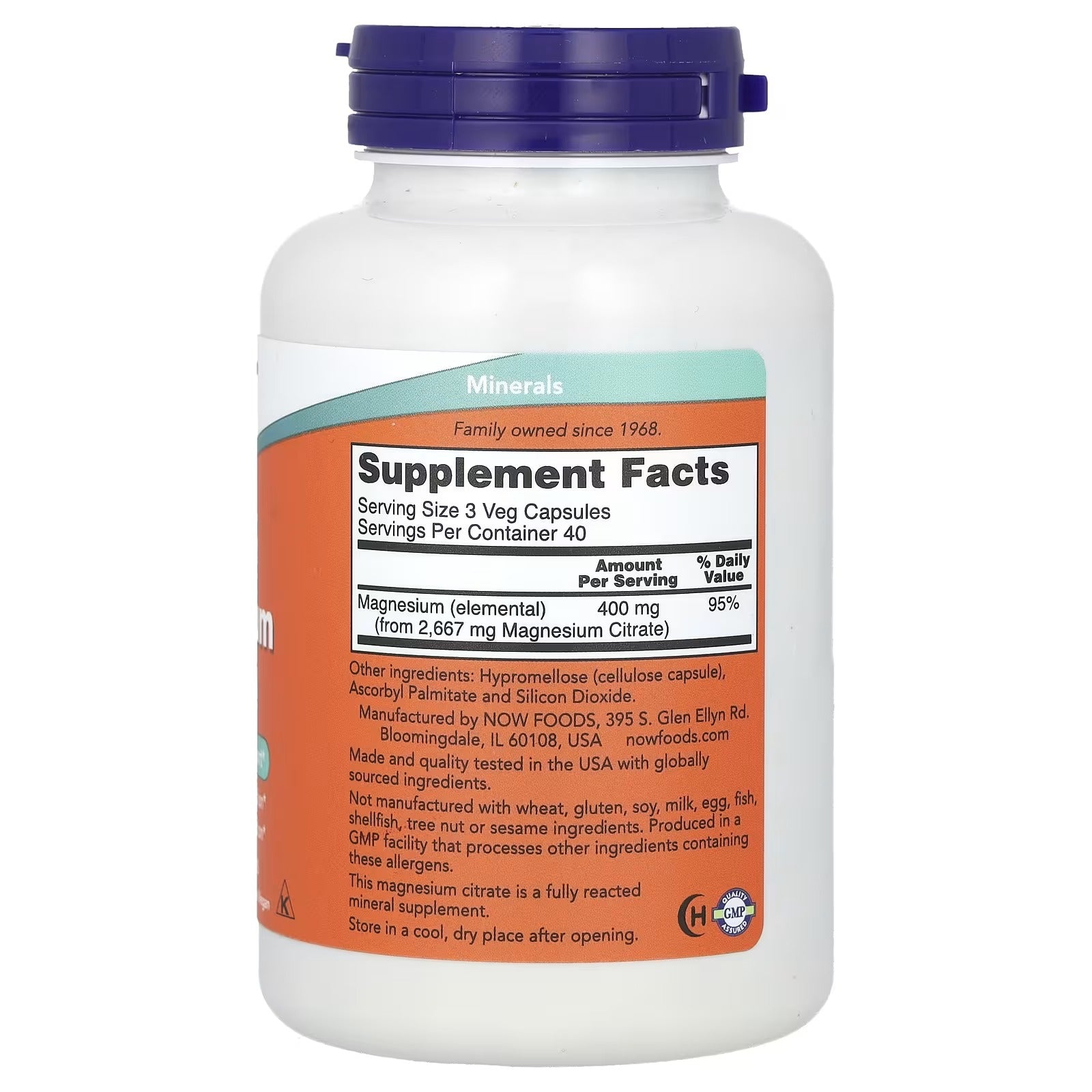 NOW Foods Magnesium Citrate 400 mg 120 Veg Capsules