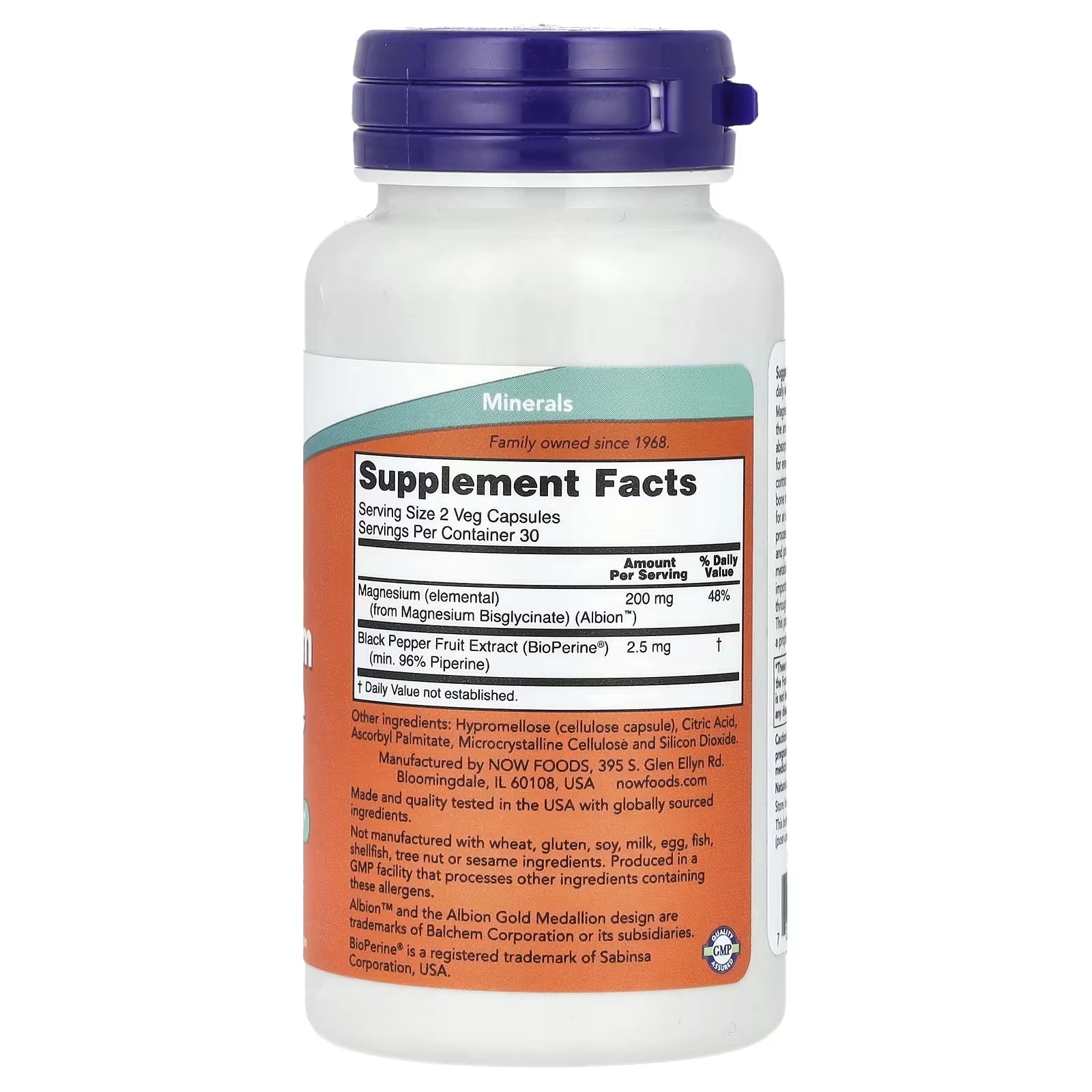 NOW Foods Magnesium Glycinate with BioPerine 200 mg 60 Veg Capsules