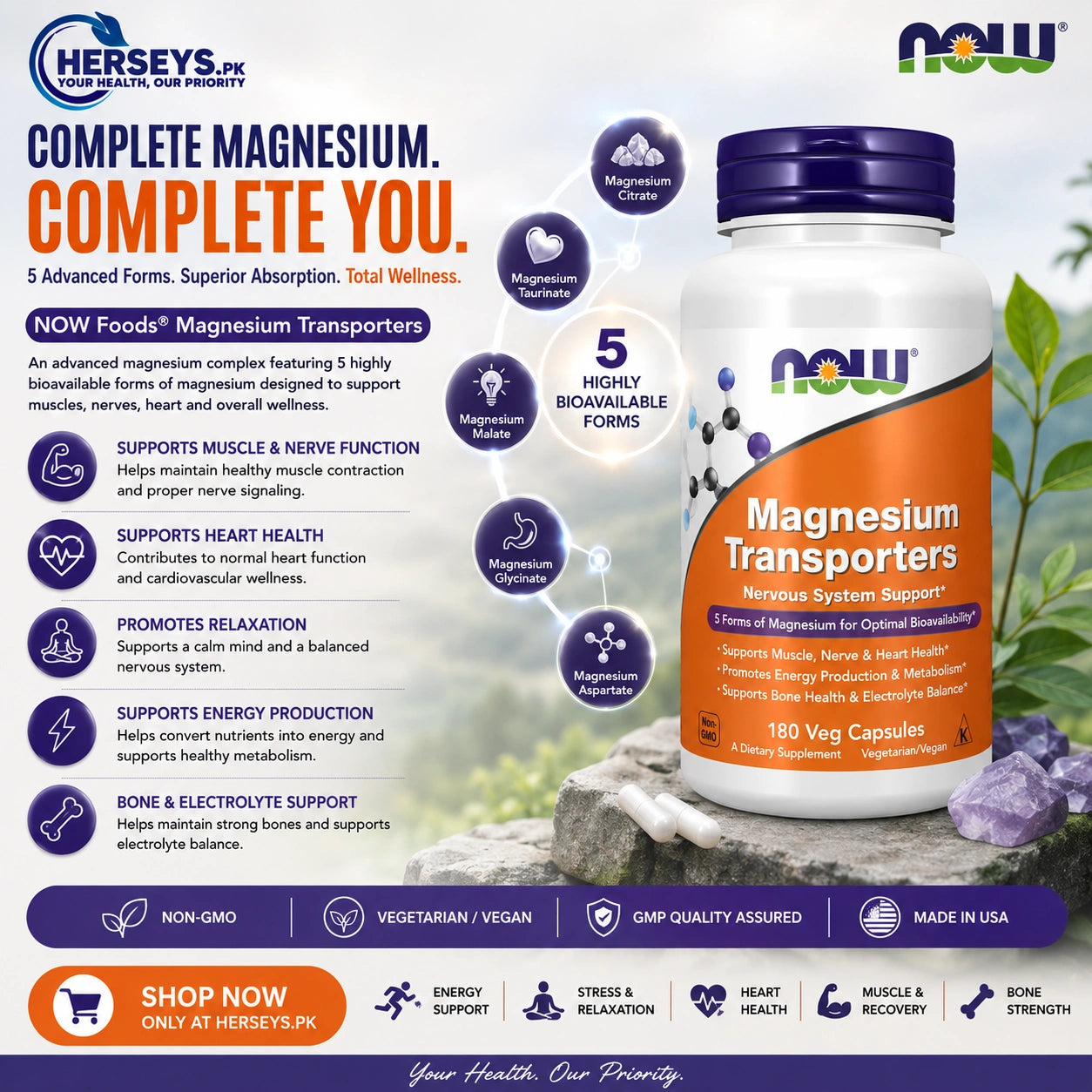 NOW Foods Magnesium Transporters 180 Veg Capsules