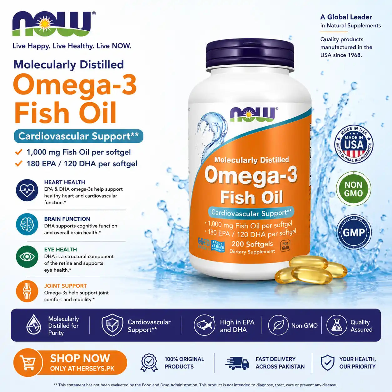 NOW Foods Molecularly Distilled Omega 3 Fish Oil 1000 mg 200 Softgels