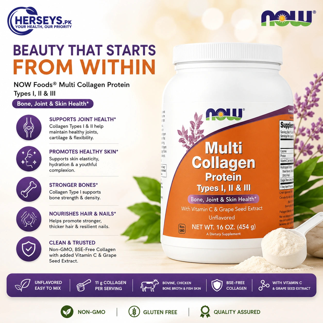 NOW Foods Multi Collagen Protein Types I, II & III Powder – Unflavored 16 oz (454 g)
