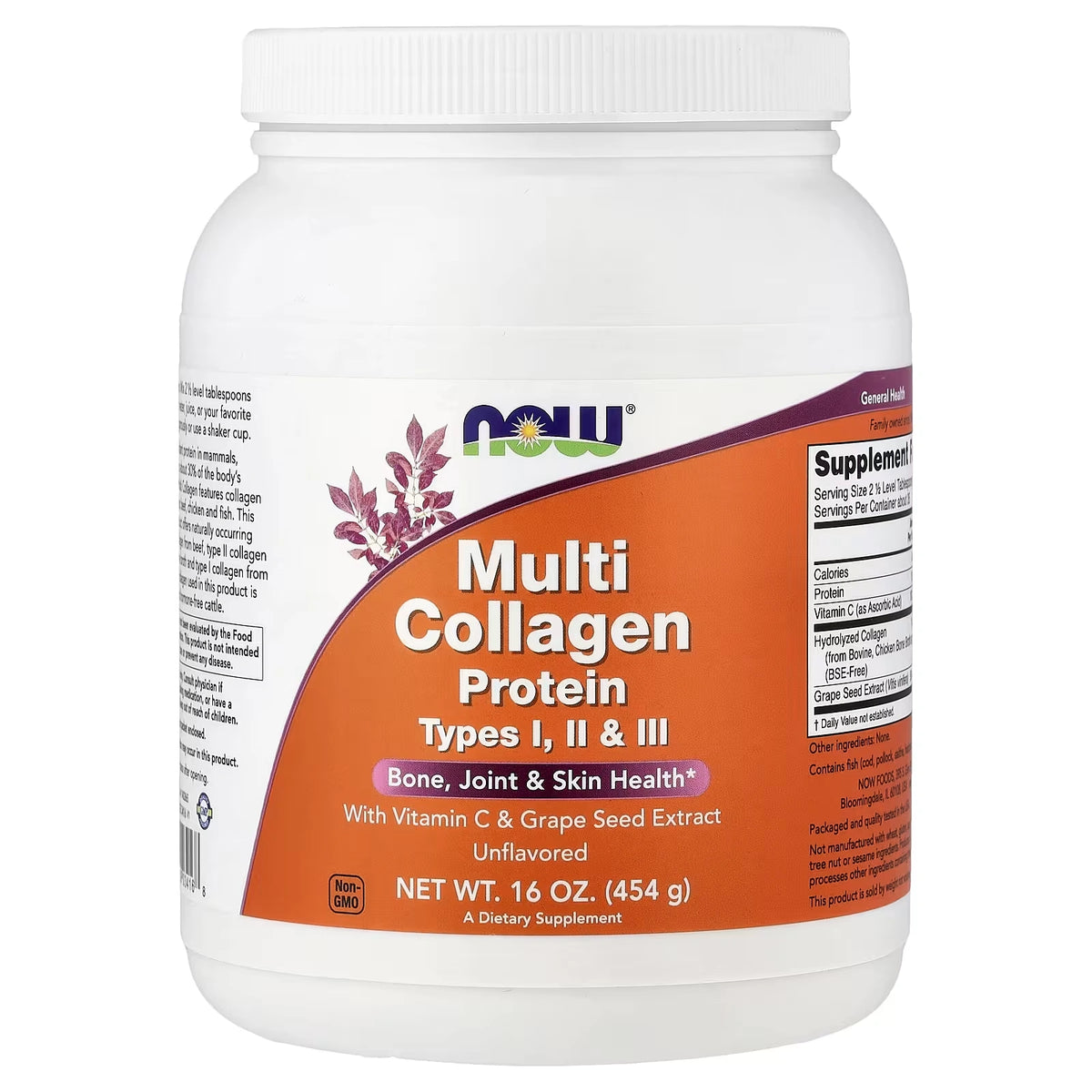 NOW Foods Multi Collagen Protein Types I, II & III Powder – Unflavored 16 oz (454 g)