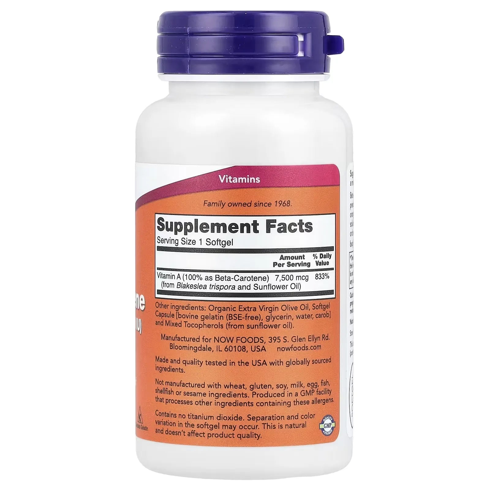 NOW Foods Natural Beta Carotene 7500 mcg 25000 IU  90 Softgels