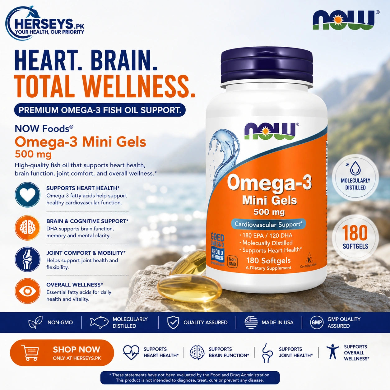 NOW Foods Omega 3 Mini Gels Fish Oil 180 Softgels