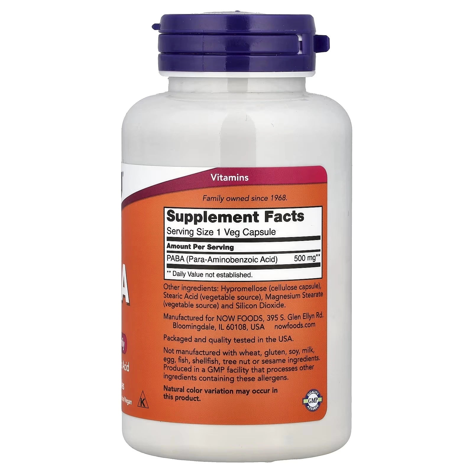 NOW Foods PABA 500 mg 100 Veg Capsules
